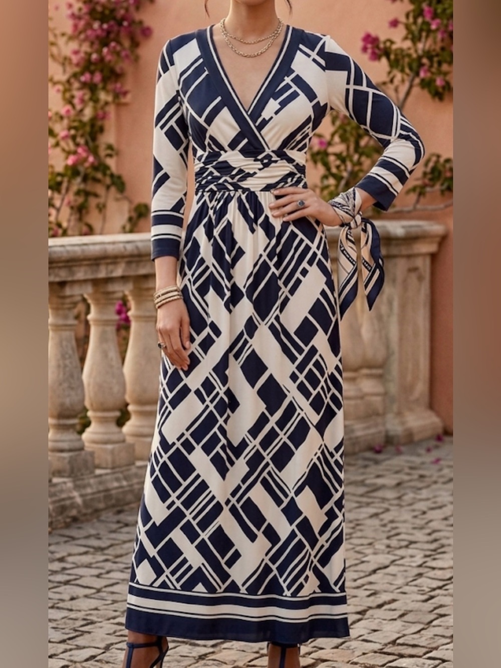 Eliza J Navy White Geometric Print Ruched Empire Waist Maxi Dress Size 4 NWT